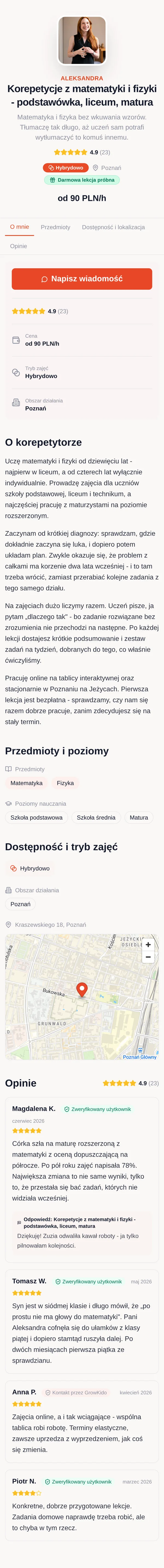 Profil korepetytora na telefonie: zdjęcie i tytuł oferty, ocena, stawka, przycisk kontaktu, opis, przedmioty i poziomy, mapa dojazdu oraz opinie rodziców.